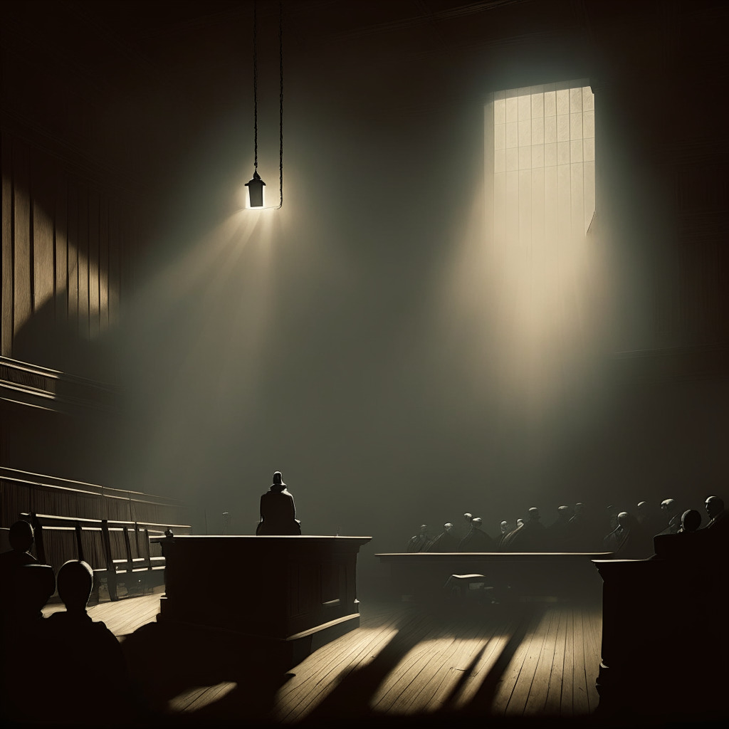 A dim-lit Russian courtroom, a wooden gavel hovering, indicating a decisive moment. In the center, a disheartened individual shrouded in shadow, a spectral Bitcoin nearby, symbolic of crypto-transactions. Shaft of eerie light focusing on fiat rubles, suggesting their controversial origin. Shrouded in a dark, ominous atmosphere, reflecting tension and conflict over the legality of Bitcoin trading.