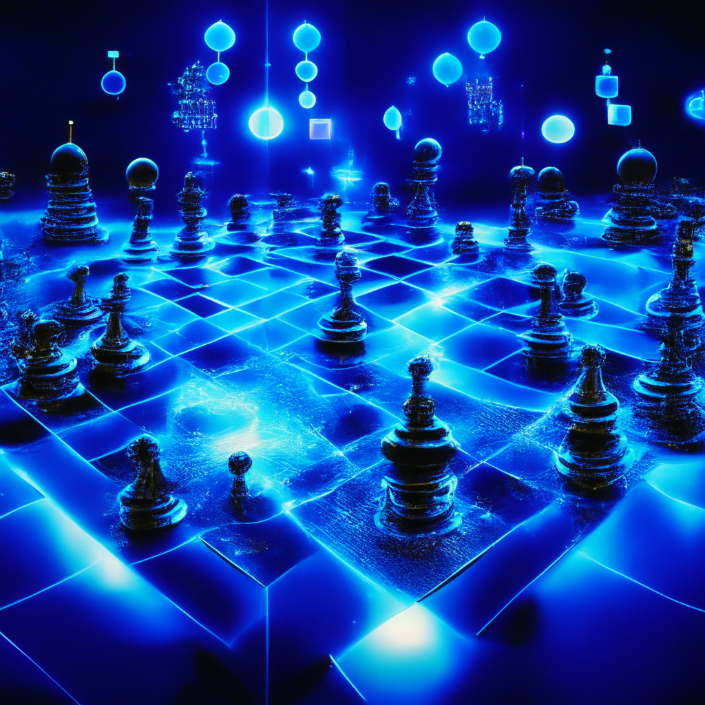 An abstract digital depiction of a cryptic chess game being played on a futuristic board, The pieces are highly reflective gold ethereals and pulsating blue orbs representing BTC and ETH contracts, the board hovering over an obscure business district indicating global market. The northern lights dancing in the textured indigo sky signify uncertainty and anticipation. Render the whole scene in UV neon-style lighting casting cryptic shadows, setting a scene swirling with suspense and strategizing.