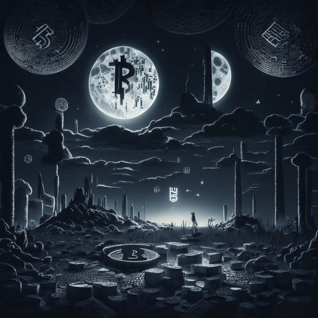 A noir-style digital landscape under a moonlit sky, scattered with contrasting depictions of various cryptocurrencies. In the foreground, an eerily faint representation of Bitcoin, once shown brightly, its dominance fading. Emerging from the shadows, Ethereum, Tron, and other crypto tokens grow luminous, symbolizing their rising involvement in nefarious activities. A pervasive feeling of intrigue and caution fills the scene. In the background, hazy images of ancient cash transfers and an intricate web of interconnected bridges, signifying the complex path of illegal crypto transactions. The image subtly emphasizes the urgency for understanding, vigilance, and enhanced security in this evolving multi-chain universe.