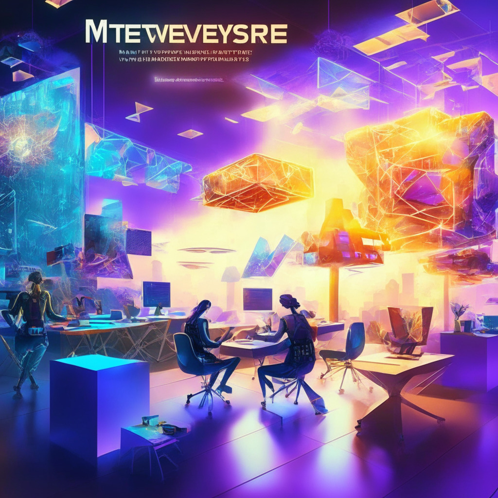 Metaverse freelance platform scene, decentralized work environment, holographic Fiverr and Upwork alternatives, vibrant marketplace with NFT work products, sunlit workspace, blockchain structures, engaging collaboration backdrop, empowering atmosphere, transparent transactions, futuristic artistic style, dynamic light reflections, secure and confident mood.