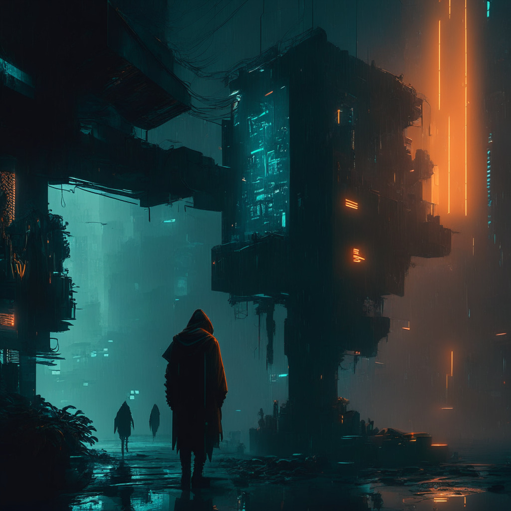 Intricate cyberpunk cityscape, AI-generated deepfake characters, intense contrast between light and shadows, hazy atmosphere, tension-filled scene, various digital platforms visible, deceptive imagery, underlying sense of unease and mistrust, subtle hint of ethical responsibility, dimly lit urban setting, shadowy figures exchanging misinformation.
