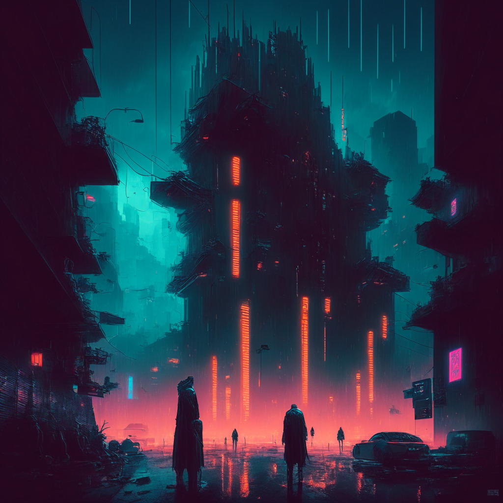Intricate dystopian cityscape, foreboding skies, shadowy figures sharing AI-generated disinformation on social media, subtle juxtaposition of futuristic and vintage artistic styles, dimly lit streets filled with muted neon signs, underlying tension and urgency, contrasting potential benefits of AI in background, with harmony and progress at stake.