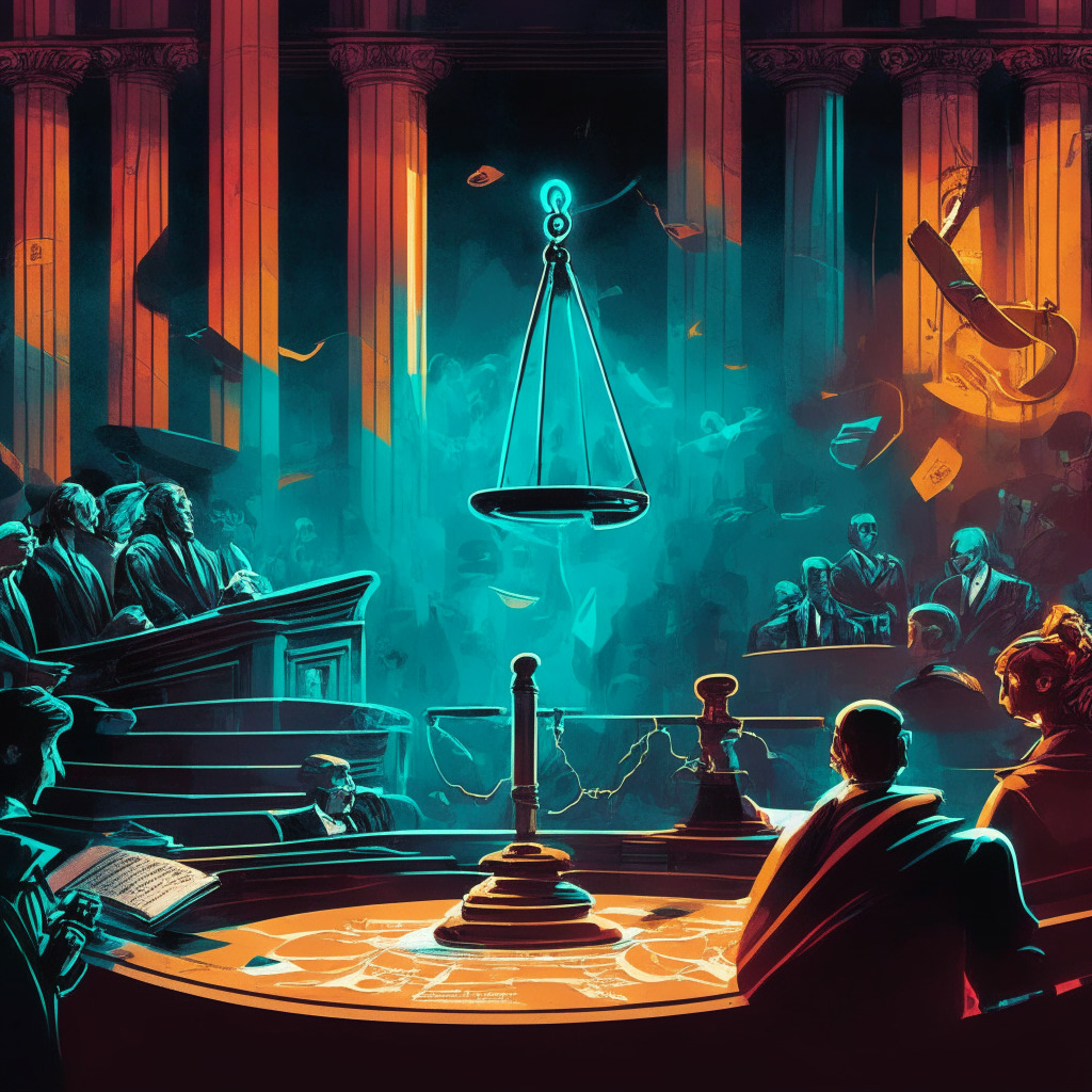 Intricate court scene, gavel & scales of justice, intense discussion among legal figures, subdued lighting, contrasting shadows, vivid colors, tense atmosphere, tokens scattered, a question mark hovering above, complex emotions: skepticism, uncertainty, and hope, representing defamation lawsuit's impact on crypto communities.