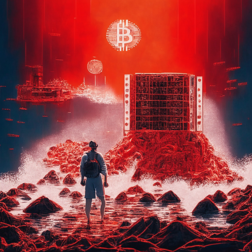 A solo Bitcoin miner triumphs with a single Antminer S9 rig, ethereal glow of determination, intricately detailed mining setup, against the backdrop of a vast sea of red market, Satoshi Nakamoto's vision hovering above, intense mood of perseverance, mining competition embodied in a race against time.