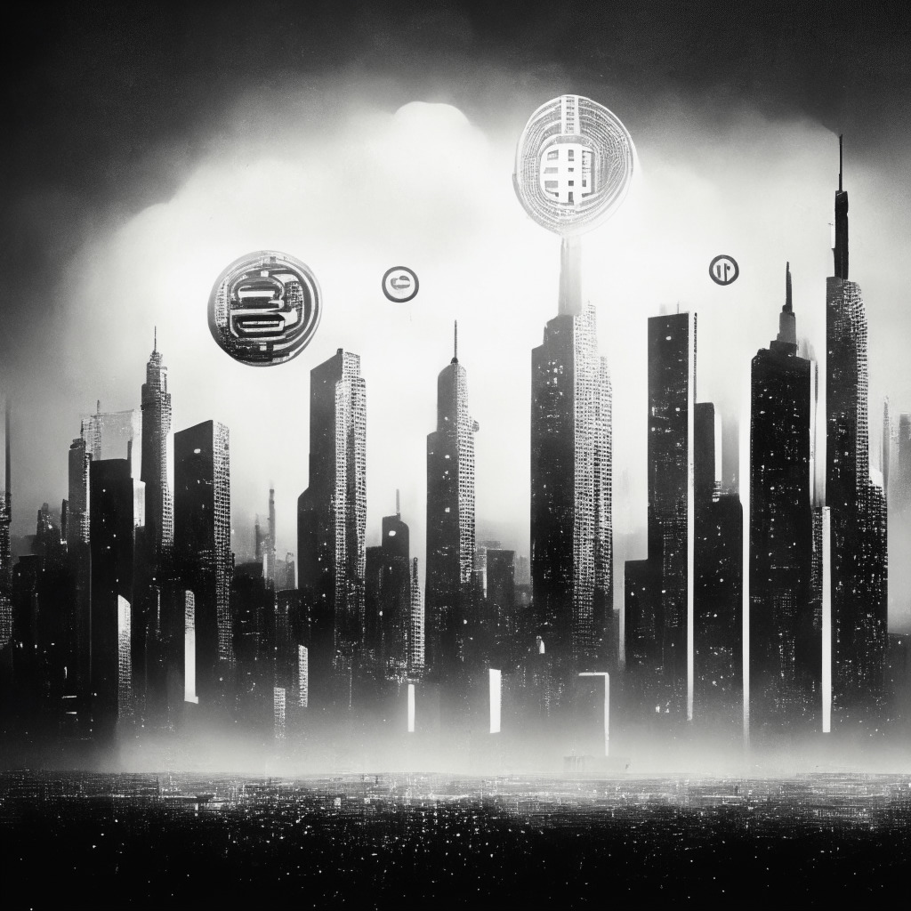 Intricate cityscape with digital currency symbols, subtle grayscale tones, contrasting lights and shadows, surrealistic style, hazy skyline representing regulatory uncertainty, somber atmosphere capturing the struggle between compliance and crypto innovation, three fading symbols (ADA, SOL, MATIC) showing delisting impact.