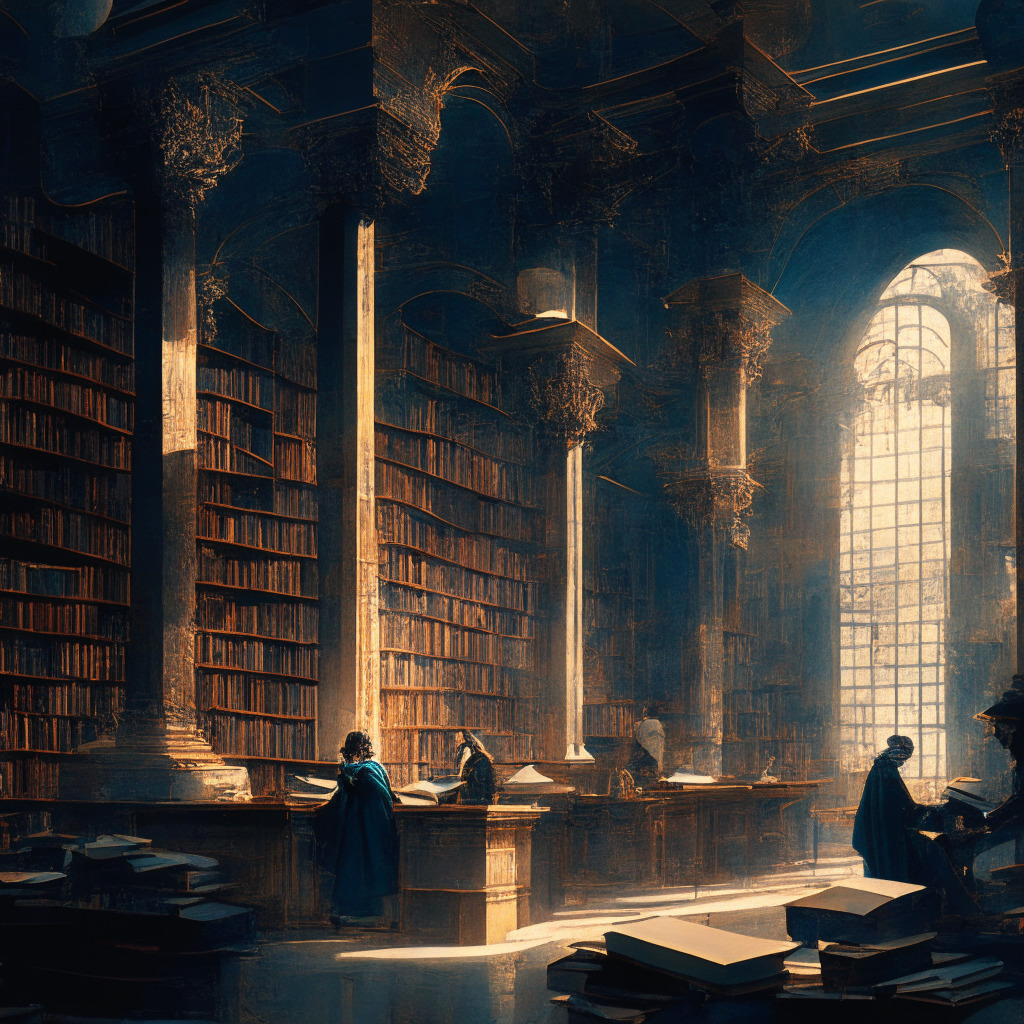 Intricate university library scene, Baroque-style artwork, AI manuscripts and human-authored texts, soft diffused light, AI and human researchers engaged in a battle of wits, solemn mood, somber color palette, underlying tension, intertwining elements of technology and academia.