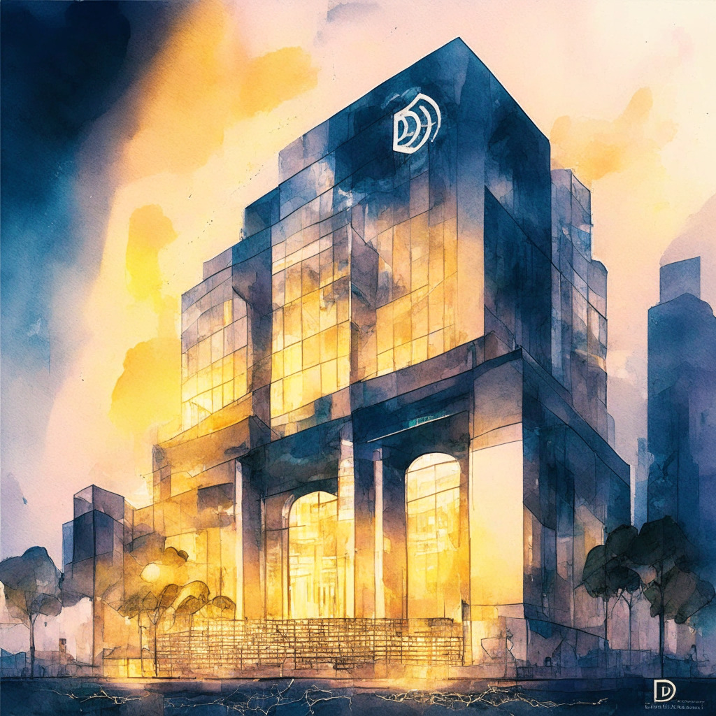 Mood: optimistic yet cautious, Artistic Style: futuristic watercolor, Light Setting: soft, dusk-like illumination, Scene: Deutsche Bank building embracing digital assets, surrounded by crypto-coins, intertwined with blockchain. Germany warmly welcoming crypto, highlighting a milestone, yet casting a shadow of centralization concern.