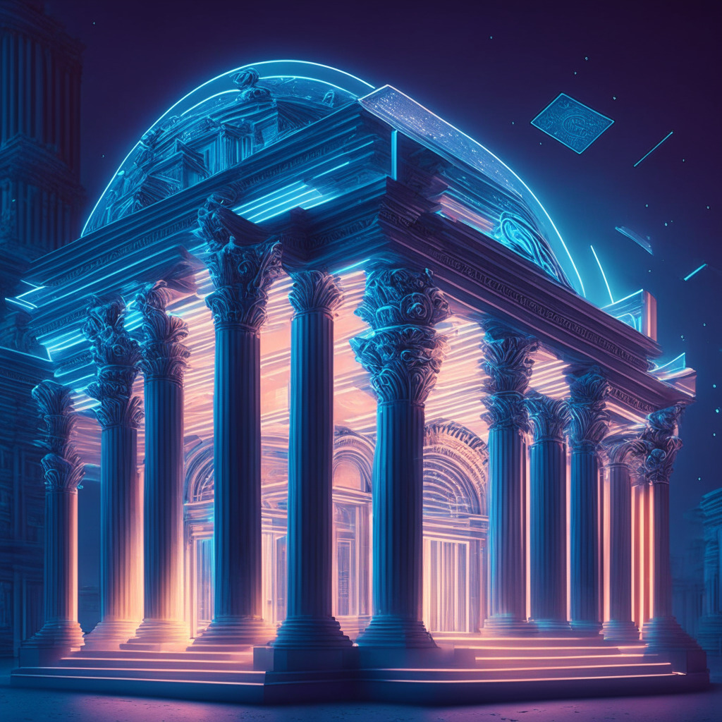 Intricate futuristic bank scene, cryptocurrency elements, neoclassical architectural style, soft twilight glow, confident financier with digital wallet, tokens and holographic projections, embracing financial evolution, balance of traditional and digital worlds, subtle air of mystery.