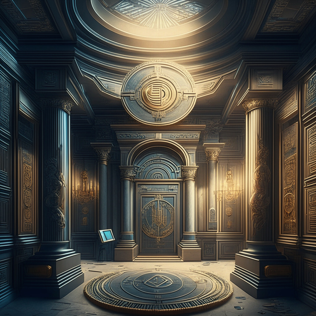 Intricate bank interior, cryptocurrency symbols, digital vault, authoritative figures discussing regulations, warm and dim lighting, classical art style, evoking cautious optimism, blend of traditional finance and cutting-edge technology, sense of security and transformation.