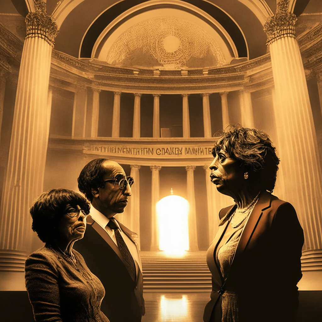 Intricate congressional building, Maxine Waters & Gary Gensler in discussion, digital assets as floating holograms, warm sepia-toned lighting, chiaroscuro shading, underlying tension, a balance between innovation & regulation, crypto market's future on the horizon. (347 characters)