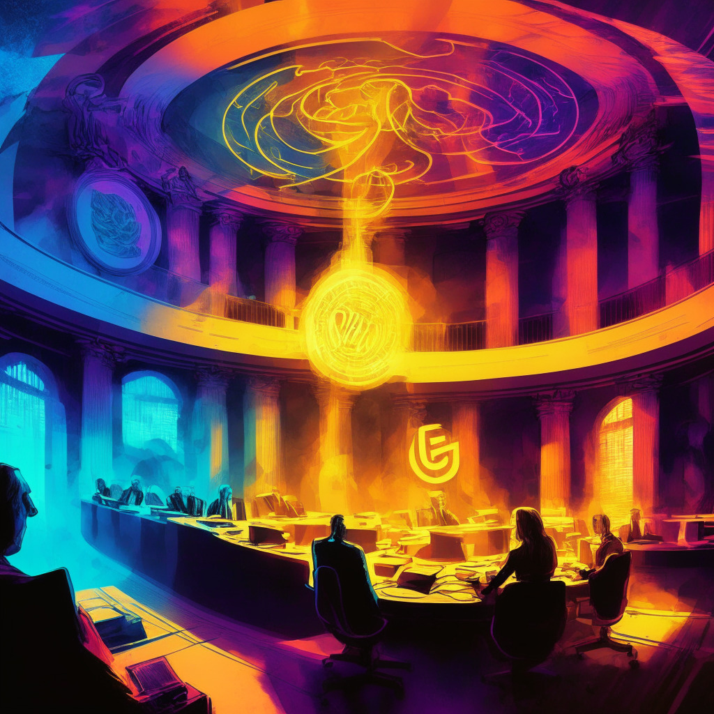 Atmospheric courtroom scene, debating digital asset regulation, colorful swirling mix of tech and legal symbols, contrasting warm and cool tones, abstraction of US lawmakers, Janet Yellen, Gary Gensler, chiaroscuro lighting, emphasis on balance between innovation and investor protection, underlying tension, waiting for decisions.