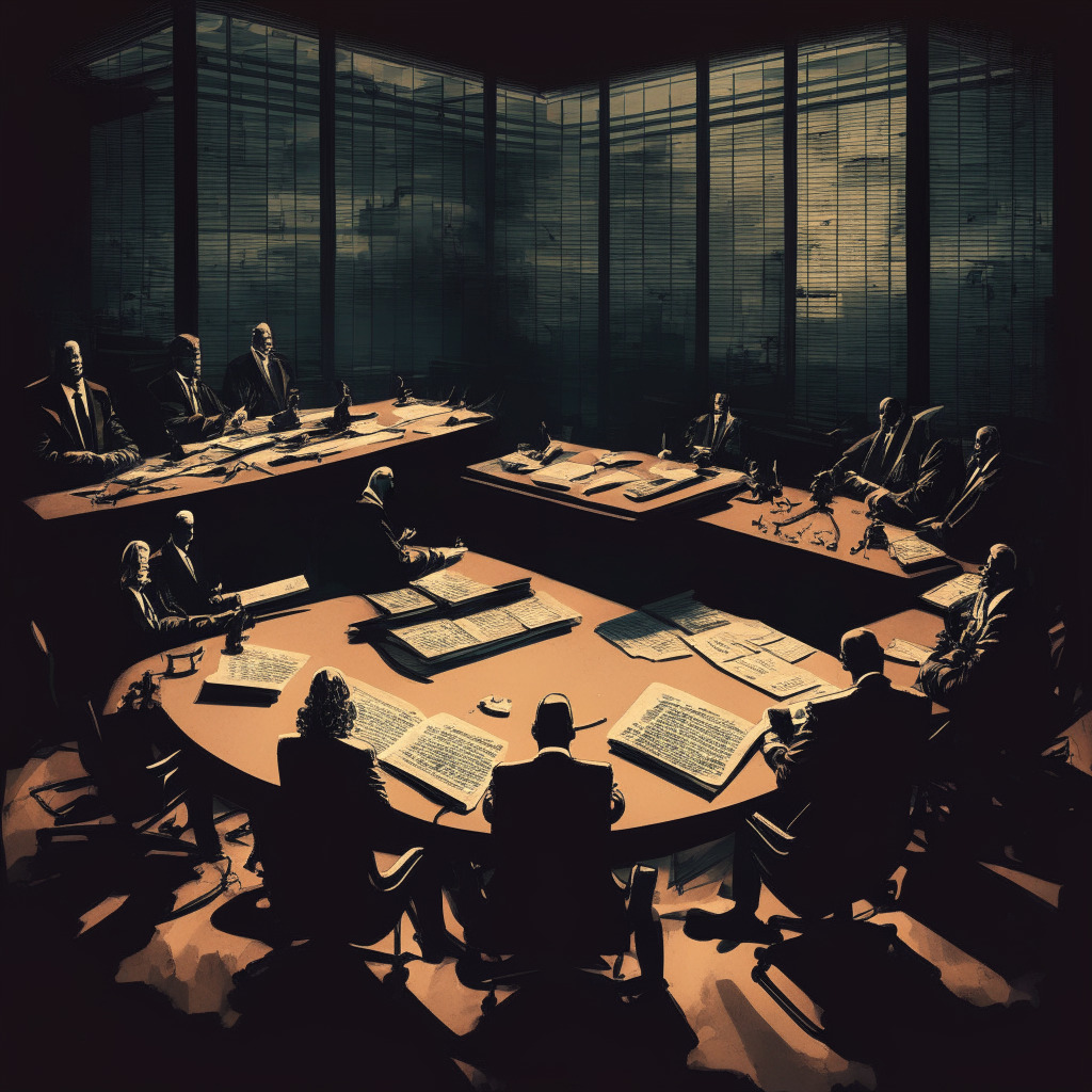 Digital Asset Regulation Struggle, SEC & CFTC jurisdictions, dusk lit boardroom, bipartisan figures debating, tension in the air, intricate shadows, chiaroscuro style, concern vs growth, financial documents scattered, iconic scales of justice tilting, unfolding drama, ethical compromises, intricate financial world narrative.