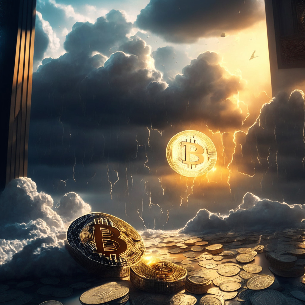 Digital asset recovery scene, intricate crypto coin details, artistic 3D style, low-key yet radiant lighting, calm resilience mood, Ethereum-XRP-BNB coins in foreground, $26,000 threshold above, stormy regulatory clouds in distance, MLK Jr. holiday sunlight peering through.