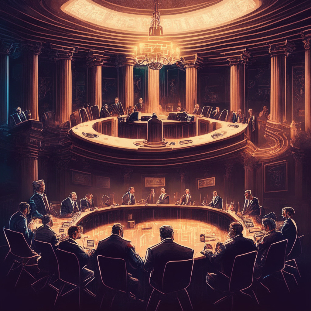 Intricate digital assets debate scene, lawmakers discussing, warm artistic style, dimly lit congressional chamber, emphasis on collaboration, hint of optimism, mood of regulatory breakthrough, defining SEC and CFTC roles, crypto industry support, future stability & success.