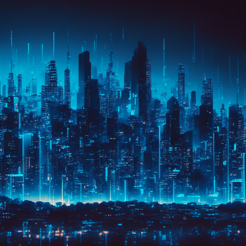 Intricate city skyline at dusk, array of digital and traditional financial assets, merging blockchain subnets, dimly lit office buildings, spotlights highlighting the looming presence of regulatory bodies, shades of blue to convey uncertainty and transformative potential, ethereal glow surrounding futuristic innovations, overall mood of hope tempered by caution.