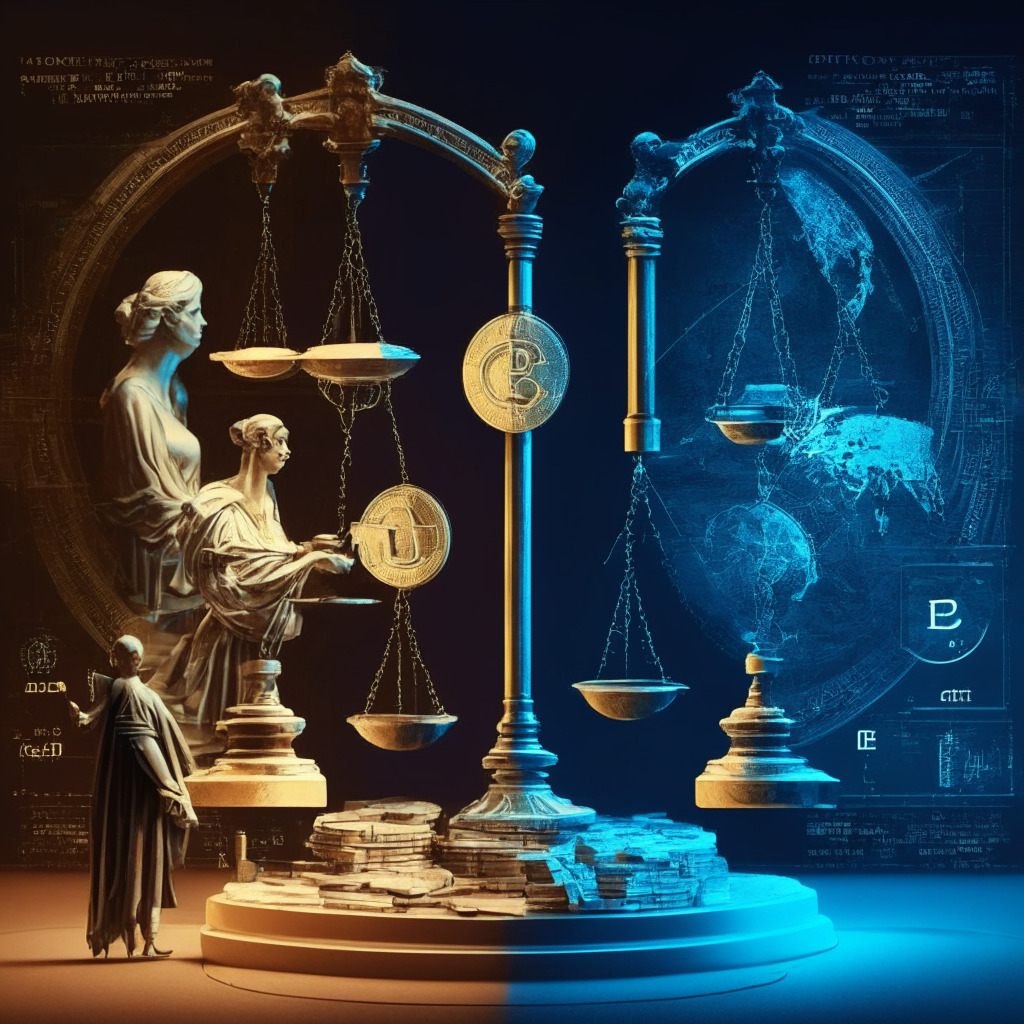 Digital Euro Debate, intricate balance scales, traditional cash vs digital currency, warm ambience, Baroque style, user privacy shadows, offline transactions concerns, futuristic efficiency glow, cross-border transactions ease, mood of uncertainty & anticipation, onlookers watching.