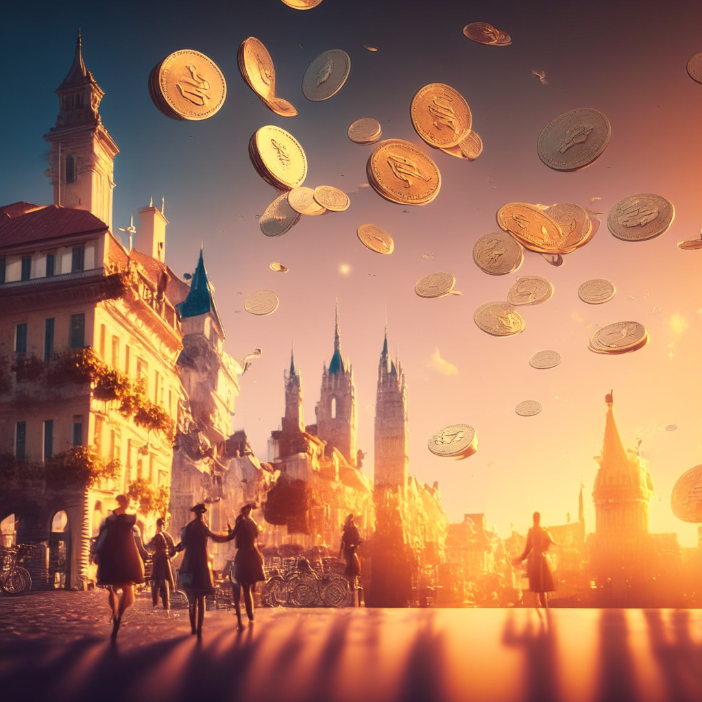 Whimsical European cityscape at sunset, digital euro coins floating in the air, diverse citizens engaged in online transactions on futuristic devices, warm glow highlighting the privacy concerns, subtle hints of uncertainty and delay, mood of anticipation, essence of technological innovation.