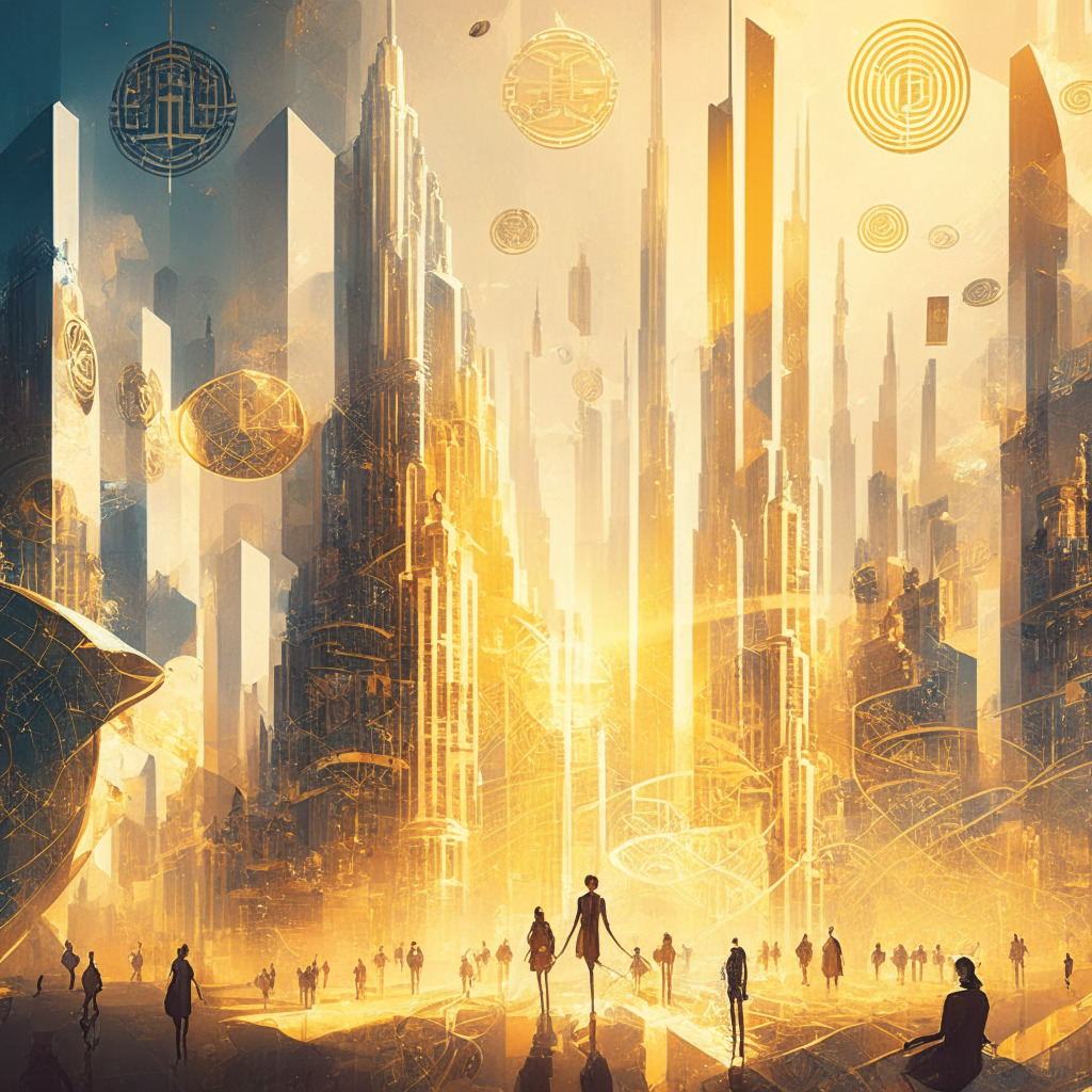 Intricate cityscape with futuristic architecture, digital pound symbols floating above, diverse individuals engaged in transactions, privacy shields, rays of golden light, Blockchain elements scattered, warm atmosphere with a touch of uncertainty, harmonious blend of classic and modern art styles.