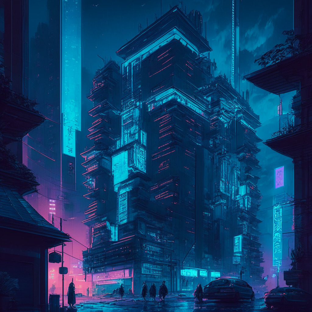 Intricate cityscape at dusk, digital yuan coins scattered, citizens navigating through holographic financial apps, subdued blue-toned color palette, cyberpunk aesthetic, glowing neon signs warning of scams, protective shield over central bank building, cautious yet resilient mood.