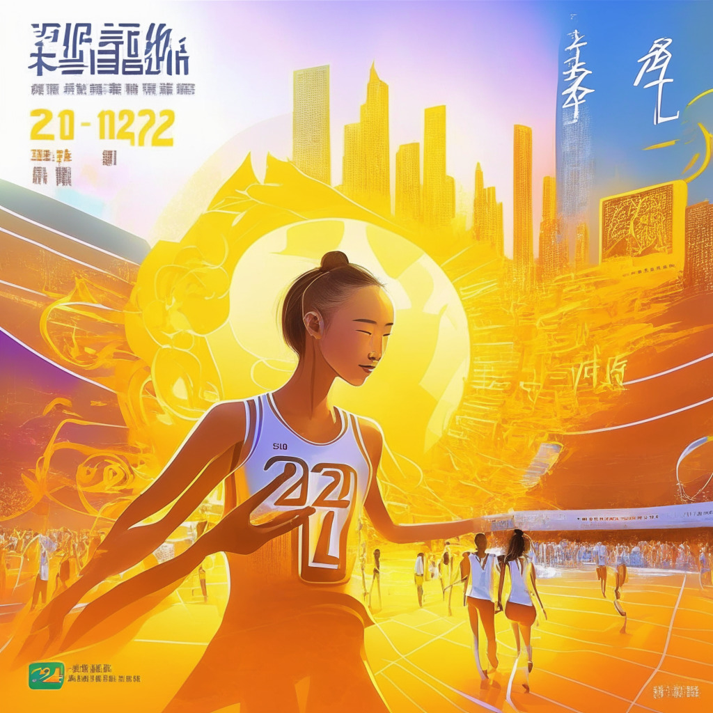 Digital yuan debuts at Summer World University Games, contemporary Chinese art style, soft golden sunlight, vibrant colors, rhythmic athletic poses, optimistic & futuristic atmosphere, mingling student athletes from diverse nations, digital wallets showcased, backdrop of Chengdu & Jianyang County, progress & innovation theme.