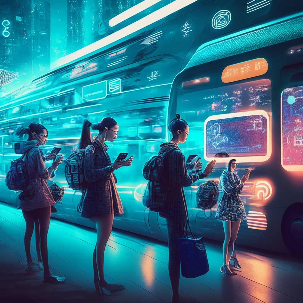 Urban scene with futuristic public transport, digital yuan payments via NFC-enabled smartphones, glowing QR codes, happy riders using mobile devices, soft twilight lighting, vibrant cyberpunk aesthetic, innovative and convenient atmosphere, anticipation for the future of central bank digital currencies.