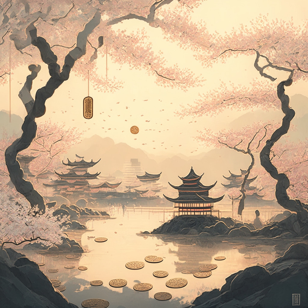 Intricate Chinese landscape with blossoming trees, digital yuan coins gently floating down like leaves, a blend of traditional and modern art styles, soft pastel colors creating a serene mood, warm sunset light casting long shadows, people using smartphones to donate and transact, hint of bustling city in the background, emphasis on transparency and innovation.