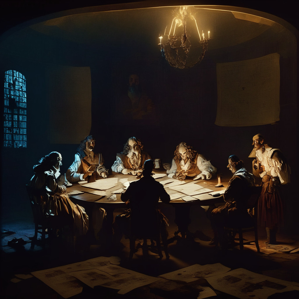 Dramatic chiaroscuro scene, a dimly lit round table, researchers debating bitcoin scaling, diverse group in 17th-century baroque outfit, intense expressions, prominent papers with mathematical formulas, subdued warm colors, spotlight on a futuristic blockchain hologram, overall mood: intellectual quest and a hint of mystery.