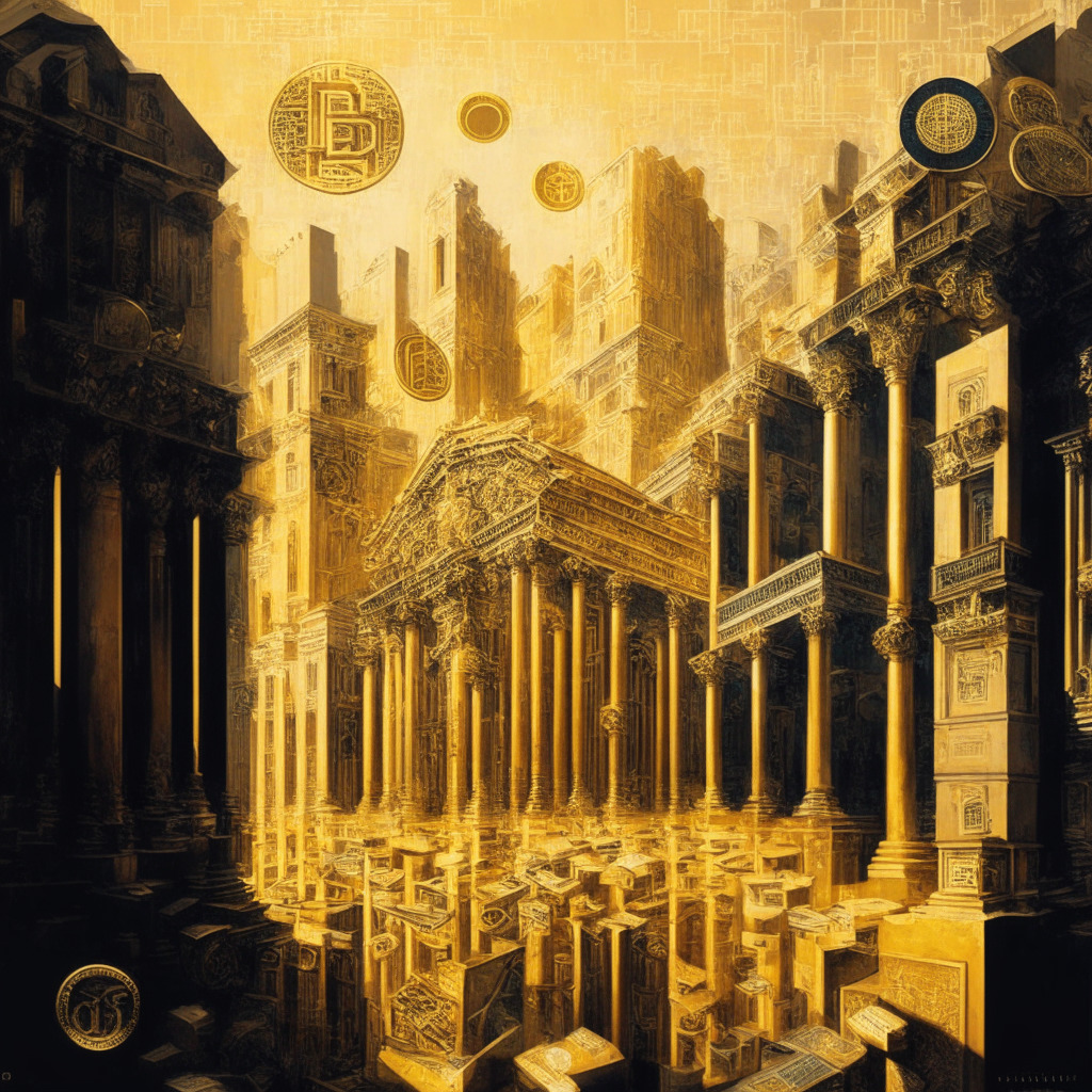 Intricate blockchain city, gold reserves gleaming, currencies represented by various banks & financial institutions, subtle shadows, Renaissance-inspired painting, warm tones, sense of stability & uncertainty, reflecting Tether's stablecoin backing, complex financial relationships & ongoing debate.