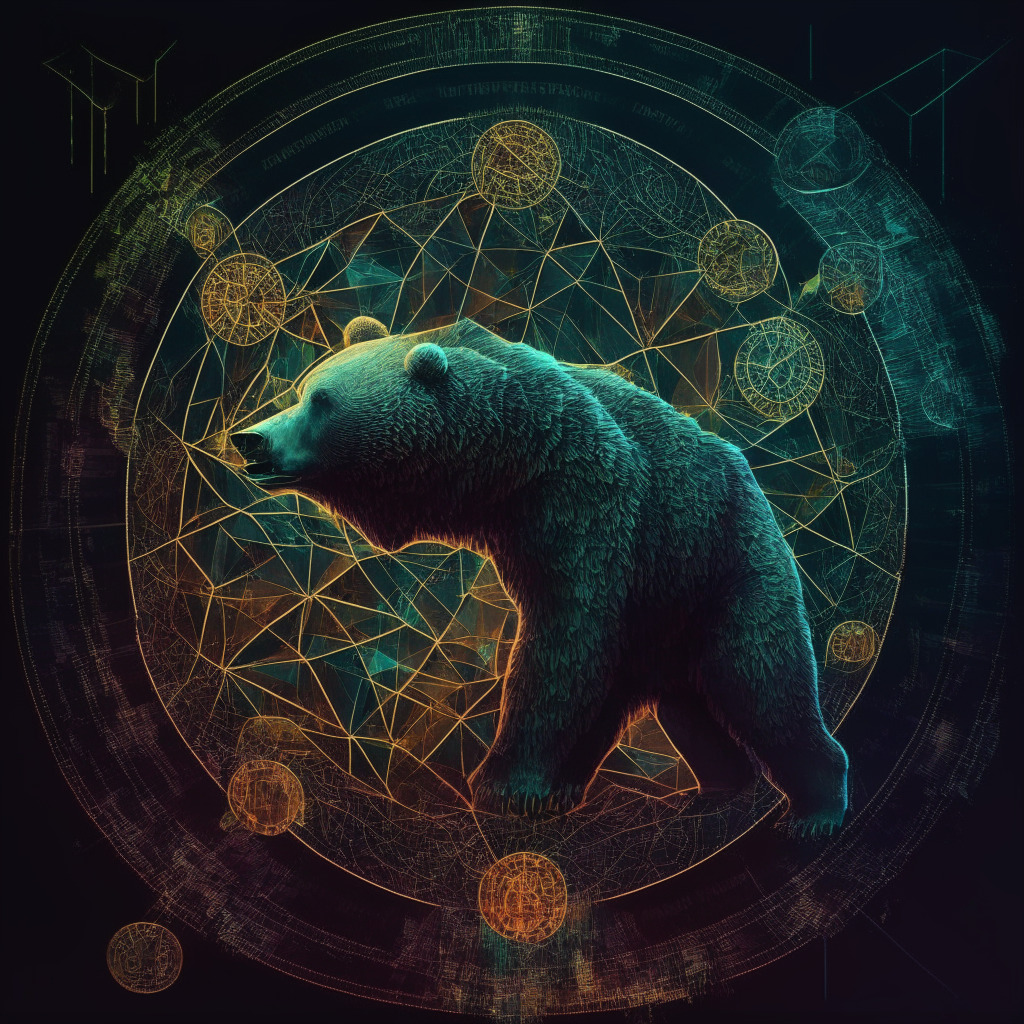 Crypto coin in bear cycle, intricate geometric patterns, chiaroscuro lighting, tense atmosphere, moody blending of colors, price chart and support-resistance levels, abstract representation of buyers and sellers tug of war, RSI indicator and Supertrend subtly incorporated, hint of potential breakout.