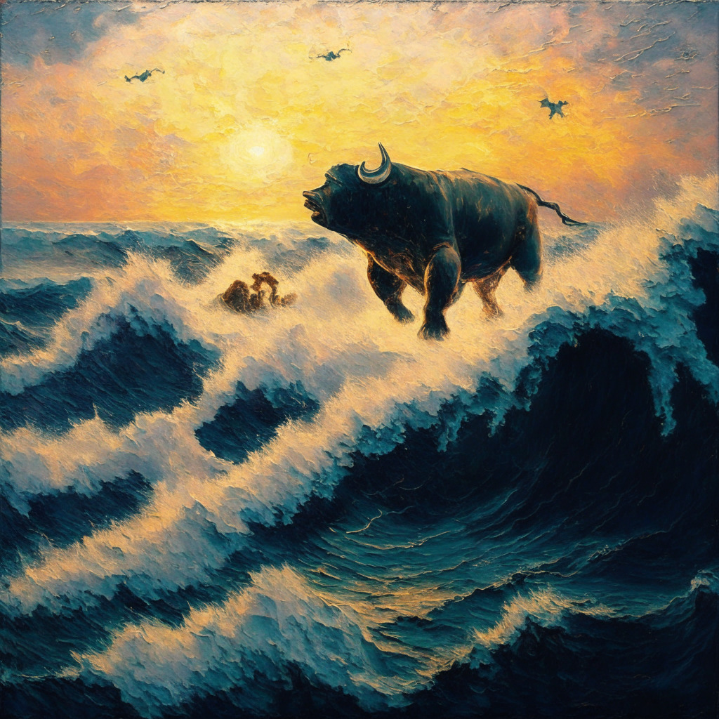 Sunset over turbulent financial seas, powerful bull emerging from waves, tiny bears fleeing, whimsical Dogecoin art on distressed canvas, ethereal glimmer surrounding ADX indicator, determined buyers holding onto support, mood of hope amidst uncertainty, subtle resistance barriers, dynamic investment journey scene.