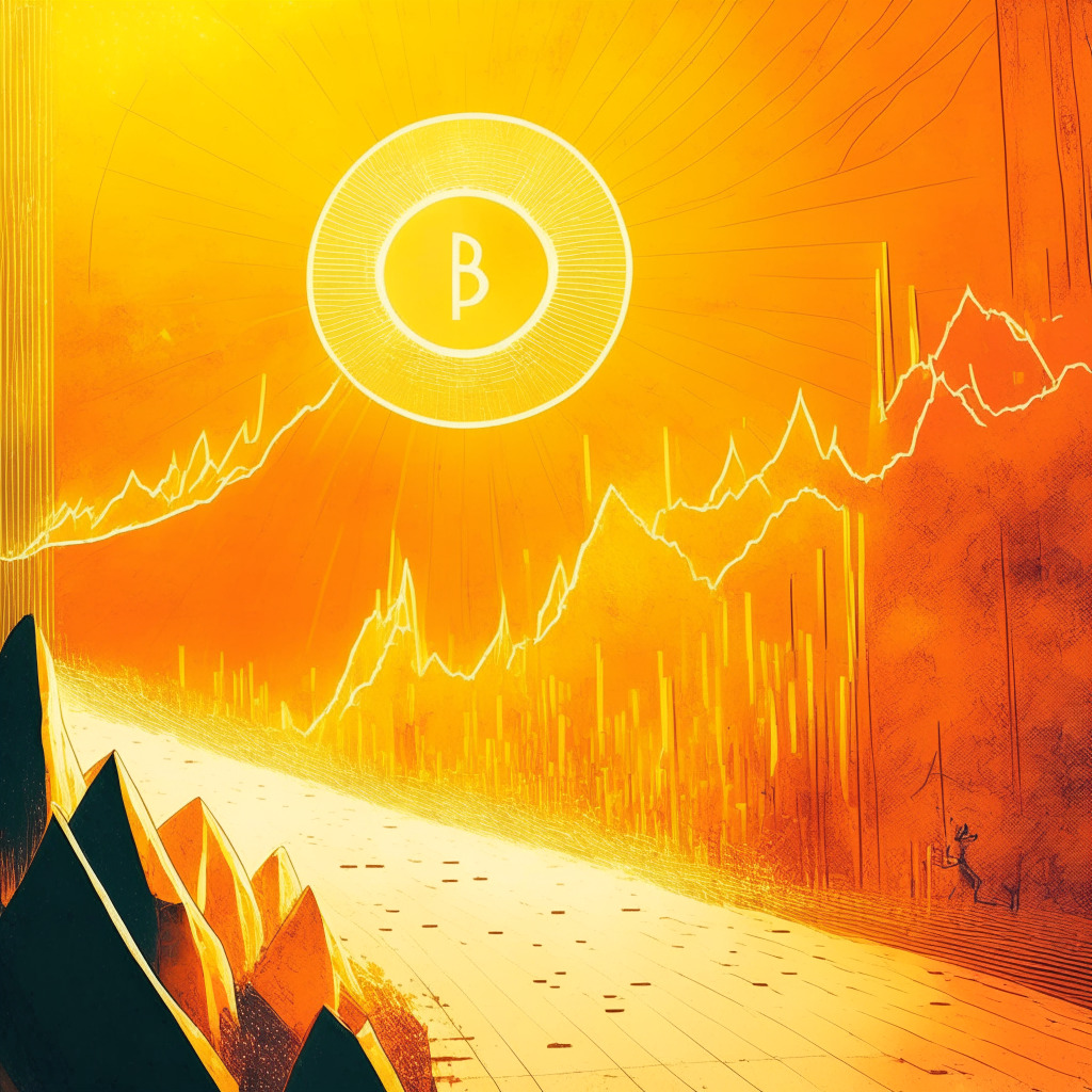 Sundrenched, optimistic cryptocurrency realm; ascending trendline channel in the background, Dogecoin surrounded by supportive investors emerging from downtrend, warm colors symbolizing a bullish future; a glowing resistance barrier at $0.063 being shattered, subtle hints of challenging obstacles in the distance. Mood: cautious hope, determination.