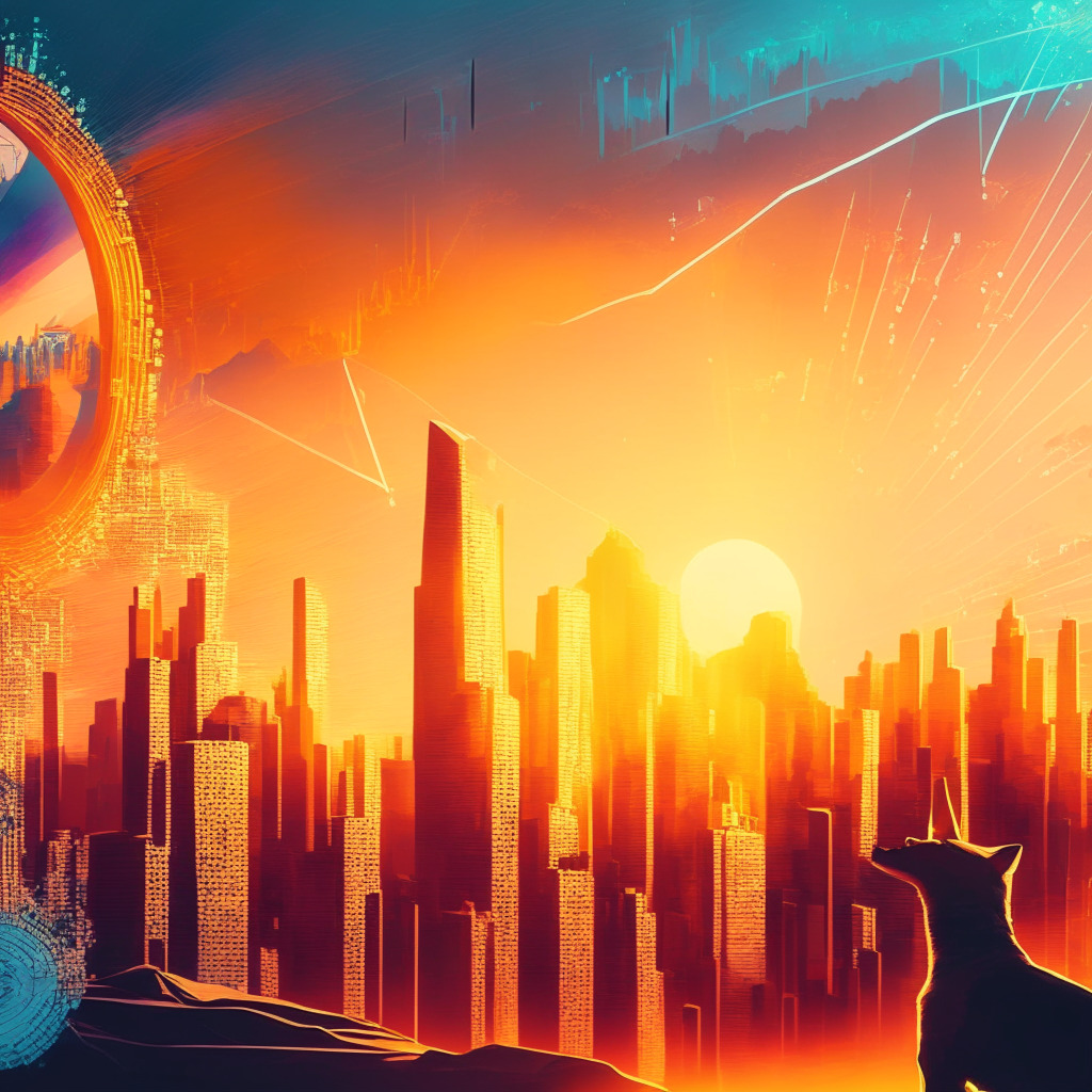 Sunrise over crypto city, detailed Dogecoin soaring in vibrant sky, contrasting shadows and highlight, movement of financial graphs, hints of futuristic AI technology, mood of cautious optimism, anticipation of potential upswing, dynamic elements, inspiring yet uncertain future.