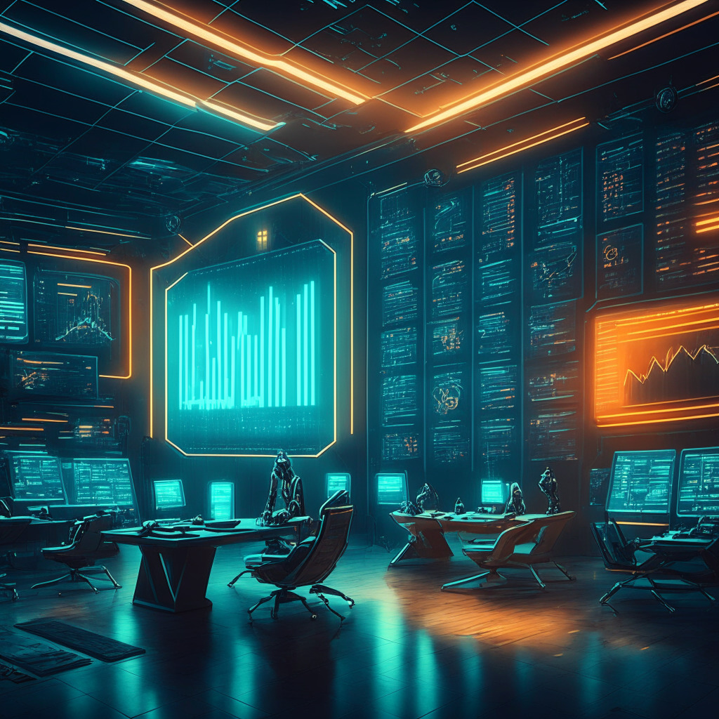 Futuristic trading room with cryptocurrency charts, Dogecoin symbol dominating the space, AI robot analyzing data, warm and dramatic lighting, cyberpunk-inspired theme, energetic atmosphere, confident traders discussing strategies, anticipation of a bullish surge, hint of a learning environment.