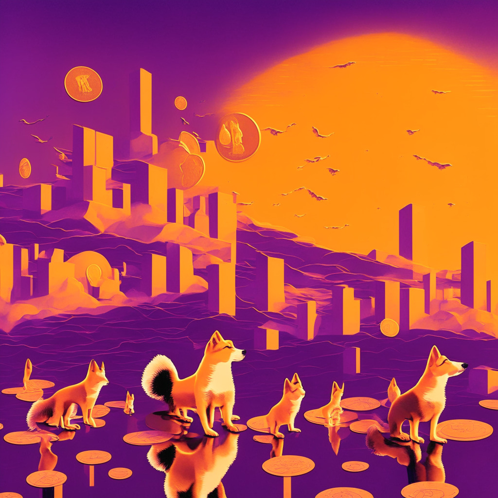 Surrealist financial landscape at dusk, digital coins shaped like Shiba Inu dogs ascending in a skyward direction, gentle warm hues of orange and purple, overhead resistance trendline creating tension, cautious optimism amidst uncertainty, subtle interplay of light and shadows, hints of a potential recovery rally in the air.