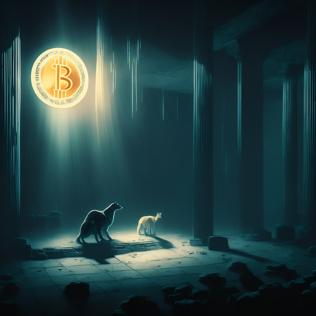 Cryptocurrency scene with stagnation theme, Dogecoin hovering below $0.063, dimly lit environment representing uncertainty, contrasting colors of support and resistance trendlines, subtle hints of a bullish glow awaiting breakout, gloomy mood with potential for ray of hope, chiaroscuro-style light to convey risk, tension, and anticipation.