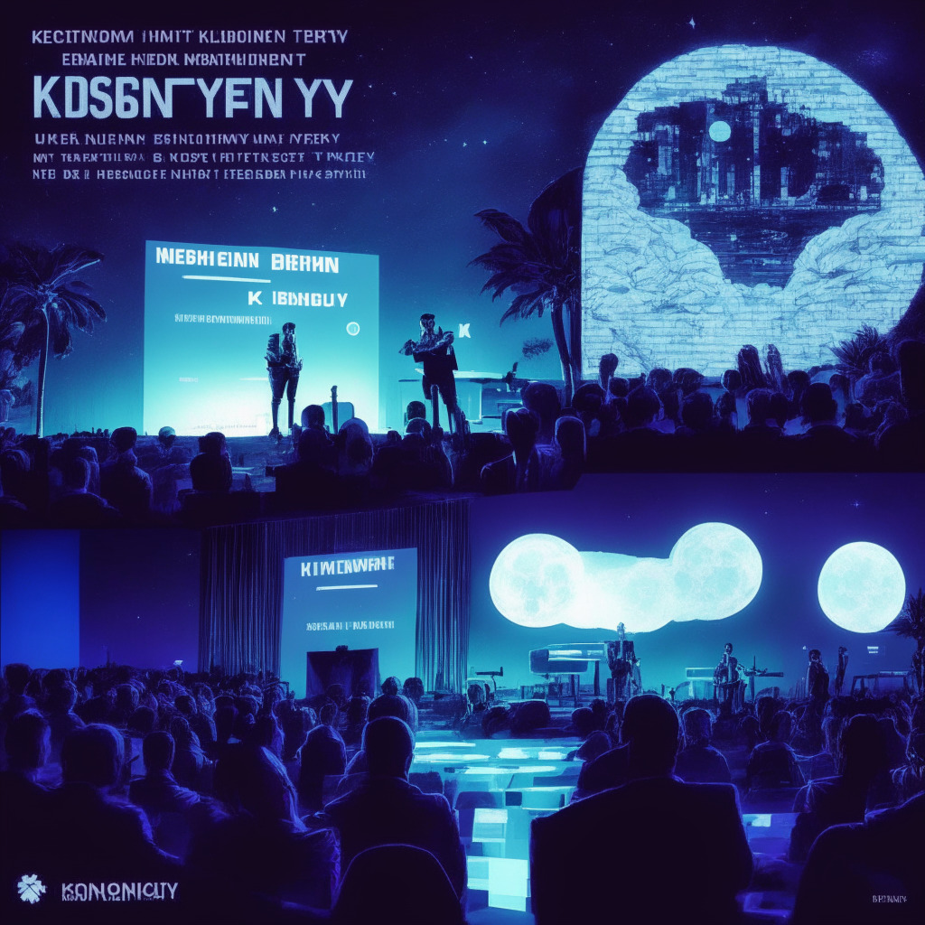 Futuristic political landscape, pro-crypto presidential candidate, moonlit Miami Bitcoin conference, light vs dark duality, empowering atmosphere. Scene: Kennedy delivering keynote speech, Dorsey's supportive tweet, sharp contrasts between digital freedom & skepticism, coded message, hints of a turbulent empire transition, vibrant & engaging energy.