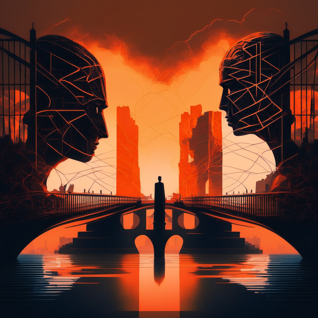 Intricate virtual debate scene, fiery and cool-toned participants, expressive facial features, a backdrop with faint crowds and laws, contrasting light play symbolizing clashing ideals, serene and chaotic elements intertwined, a hint of blockchain forming a bridge, dusk ambiance evoking balance-seeking mood.