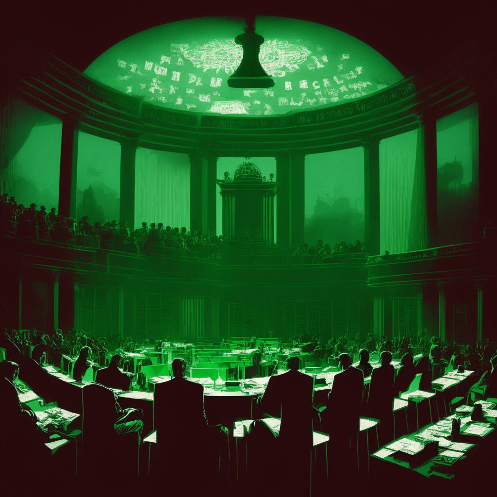 U.S. Congress discussing draft bill for crypto regulation, intricate scene of legislative debate, dimly lit chamber, elements of both commodities and securities, tense and anticipatory atmosphere, shadows and highlights symbolizing differing viewpoints, subtle hints of digital asset symbols, glimmers of hope for bipartisan collaboration, neutral color palette with sparks of green and red.