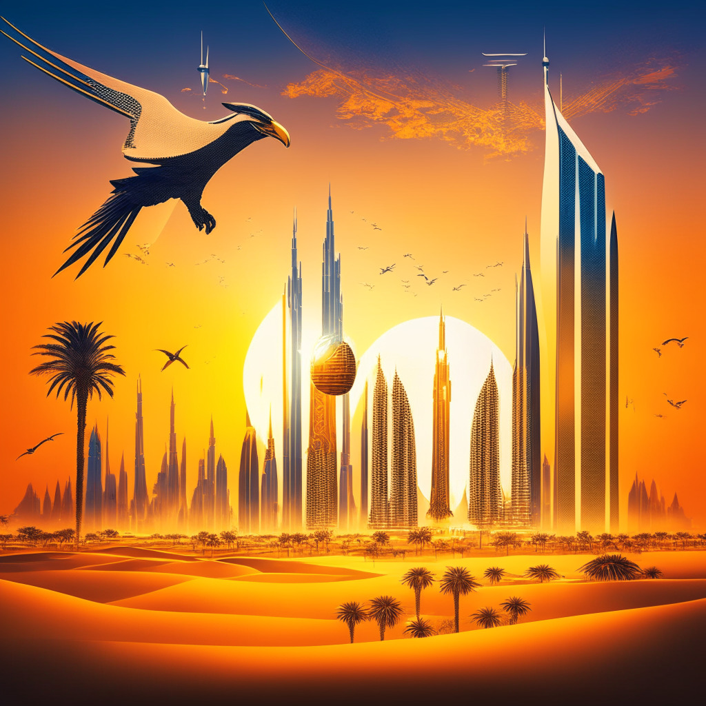 Futuristic Dubai skyline embodying the rise of crypto innovation, gleaming desert oasis, golden sunset, complex blockchain networks, regal eagle flying above Dubai World Trade Center, professionals conducting business amid digital currencies, Middle Eastern motifs, artistic interpretation of virtual assets regulatory framework, electrifying vibes.