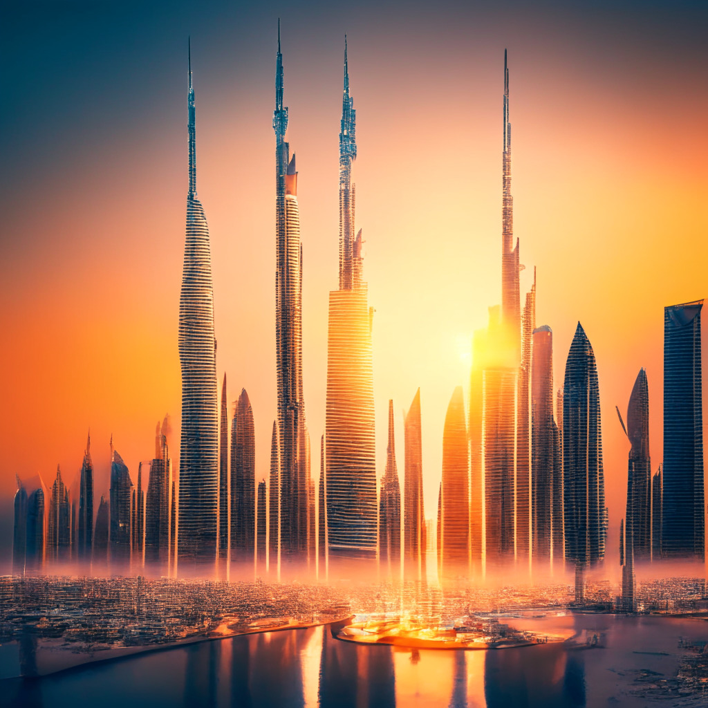 Dubai skyline, futuristic city with blockchain and metaverse elements, radiant sunrise over financial center, vibrant hustle of global networking, diverse population, innovative atmosphere, hint of uncertainty in low crypto adoption, welcoming regulatory environment, sense of ambition.