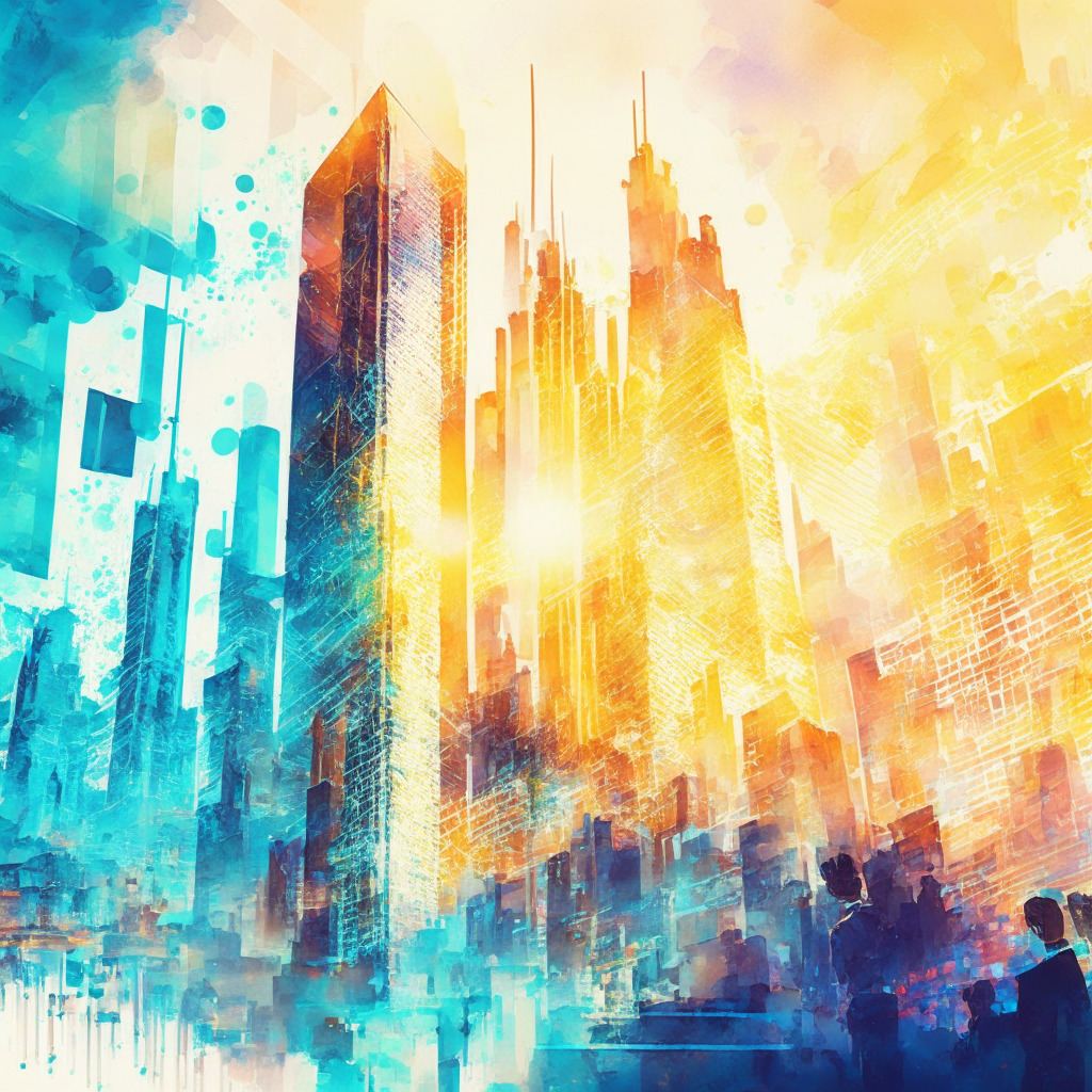Futuristic city skyline with digital assets, sunlight reflecting off glass buildings, sleek exchange-traded fund office, warm glow casting energetic mood, investors engaging in dynamic discussions, intricate Bitcoin designs symbolizing growth, watercolor style blending seamlessly, hints of cryptocurrency mining, and vibrant stock market charts.