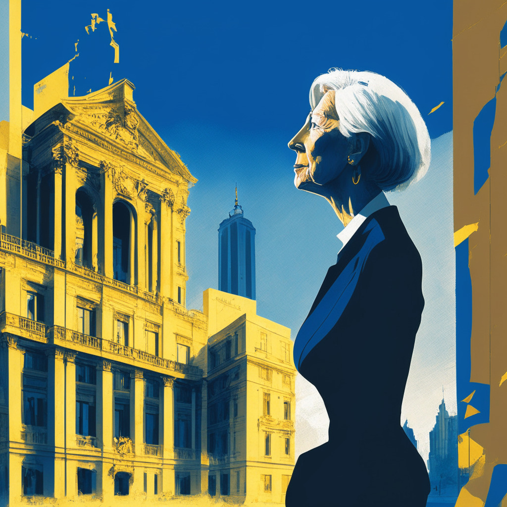 Intricate European cityscape, modern and historical architecture blend, ECB building, Christine Lagarde giving a speech, concerned expression, gold and cool blue tones, late afternoon light casting long shadows, clouds hinting uncertainty, impressionist style, contemplative mood, financial documents scattering in the wind.