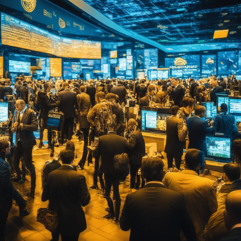 A bustling stock exchange floor, traders and investors engaged in lively discussions under golden-hued lights showcasing a mix of old and new finance. In the foreground, a holographic digital screen displays cryptocurrency tickers, Bitcoin, Ether, Bitcoin Cash, and Litecoin. The mood is cautiously optimistic, blending traditional finance with a modern, artistic flair in a dynamic crypto fusion.