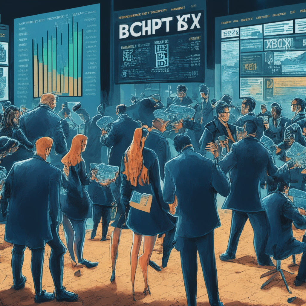 Cryptocurrency exchange scene, Wall Street giants support, regulatory crackdown looming, EDX Markets debut, liquidity & competitive quotes, Bitcoin, Ethereum, Litecoin, Bitcoin Cash, EDX Clearing introduction, improved price competition, settlement risk minimization, strategic investors coalition, continued crypto interest, BlackRock Bitcoin ETF application, digital assets' future potential, resilience amidst uncertainty, vibrant artistic style, contrasting light setting, blend of optimism and caution.