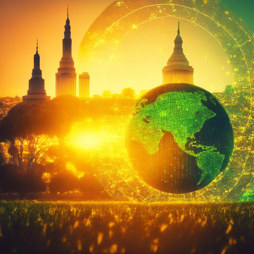 Glowing earth amidst interconnected blockchain nodes, green economy theme, serene mood, shift from PoW to PoS mechanism, political and technological harmony, dynamic balance of nature and tech, crypto discussions with Capitol Hill backdrop, subtle impressionistic style, golden hour lighting.