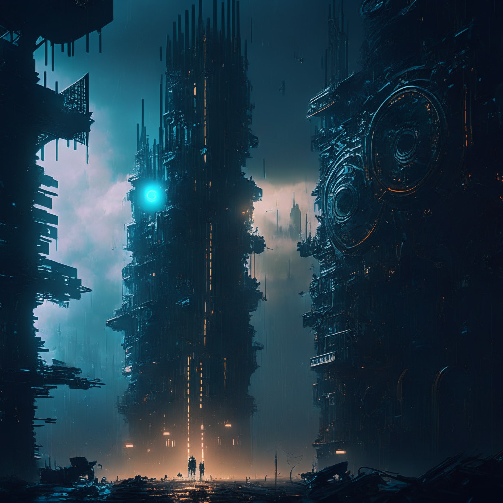Intricate dystopian cyberpunk cityscape, diverse AI concepts integrated, ambient light, EU flag prominent with magnifying glass over AI models, somber mood, textures of gears and circuits, rays of hope breaking through clouds, subtle contrast between compliance and discrepancy.