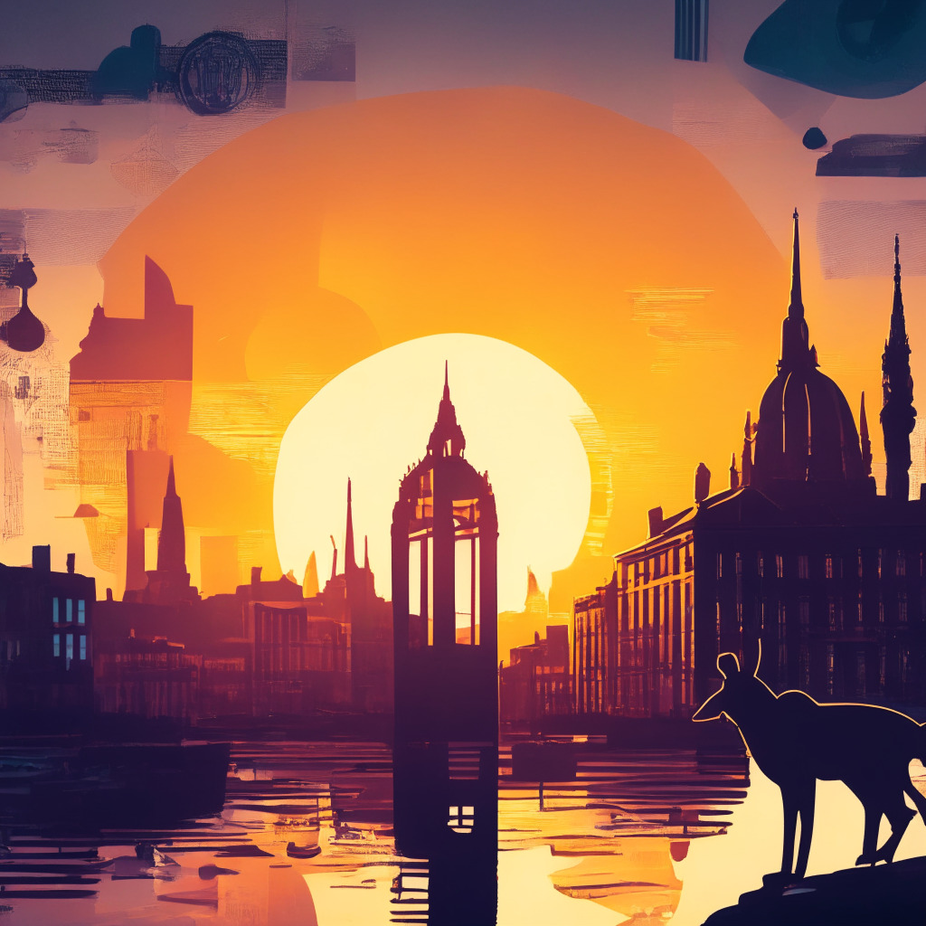 Sunset over European cityscape, silhouetted traditional banks and modern buildings, digital currency symbols like Bitcoin and Ethereum fading into the background, stablecoins in the foreground, contrasting vibrant colors vs. grayscale, moody atmosphere with a hint of optimism, Art Nouveau style, harmonious balance between traditional and digital finance.