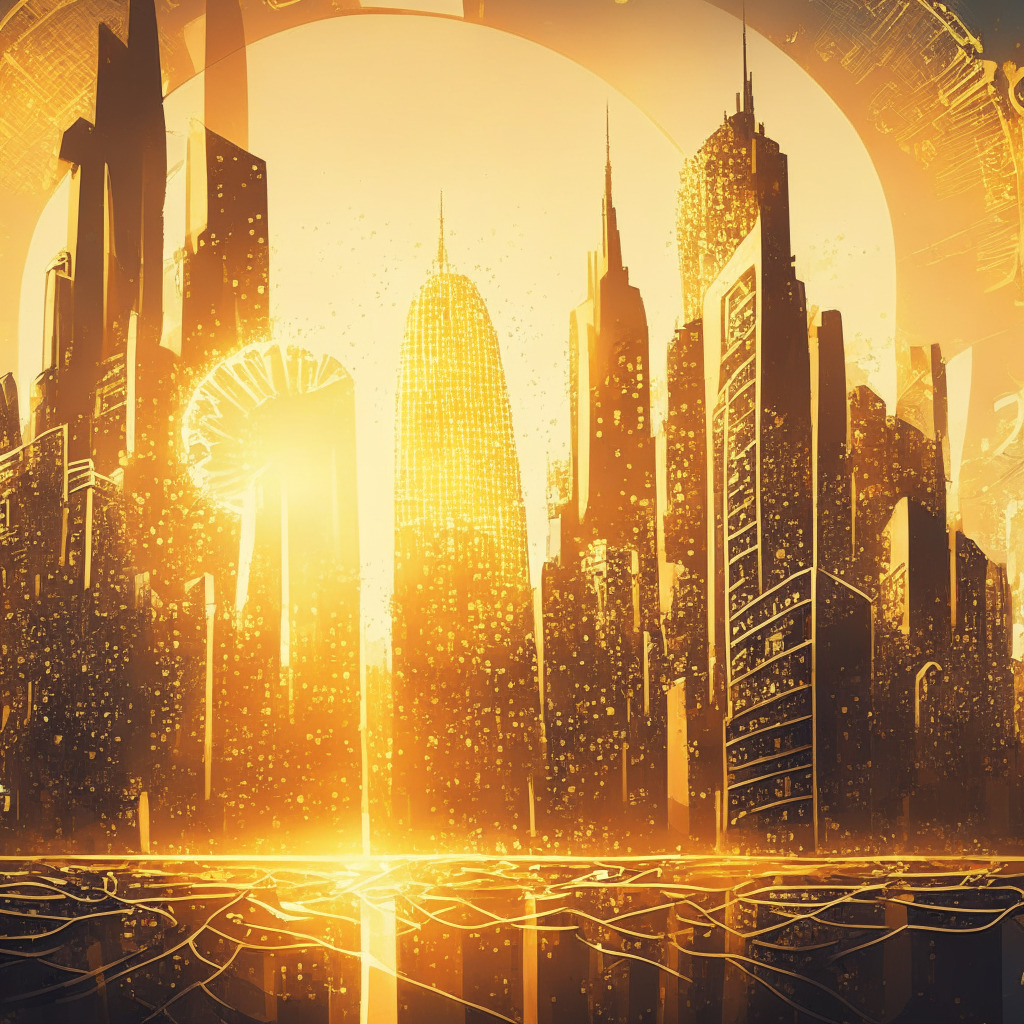 Intricate cityscape reflecting EU's crypto regulations, balanced harmony between growth & compliance, artistic mosaic of financial buildings & digital assets, warm golden light setting, subtle hues of regulatory gears interwoven, sense of cautious optimism, serene atmosphere, a new dawn in the crypto world.