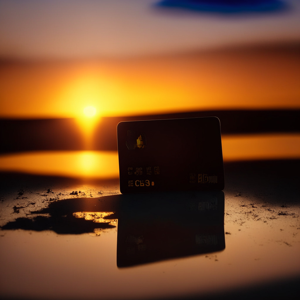Dramatic scene with EU debit card at the forefront, shadow of revoked license in the background, uneasy atmosphere, dimming sunset light, desaturated color palette, hints of uncertainty, sense of urgency, disrupted connections, hopeful glint on card hinting at secure funds, individuals seeking alternatives.
