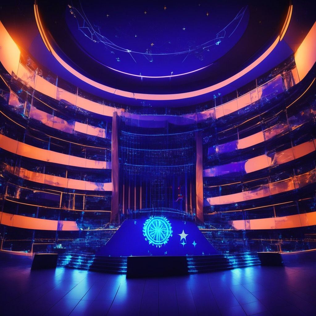 Futuristic European Parliament scene, balance scales symbol, AI and blockchain elements, dusk lighting, transparent holographic screens, warm and cool colors, dynamic composition, hopeful yet cautious mood, reflecting EU's AI Act ambitions, innovation and regulation harmony, democratic values, human rights protection.